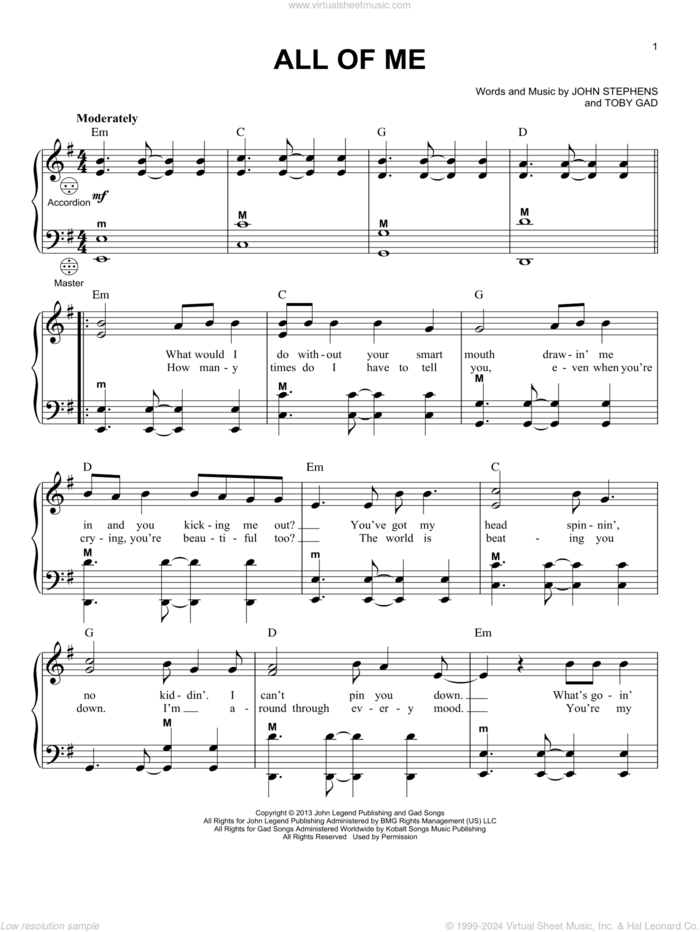 All Of Me sheet music for accordion by John Legend, Gary Meisner, John Stephens and Toby Gad, wedding score, intermediate skill level