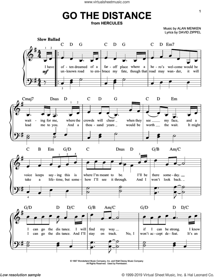 Go The Distance (from Hercules), (beginner) (from Hercules) sheet music for piano solo by Michael Bolton, Alan Menken and David Zippel, beginner skill level