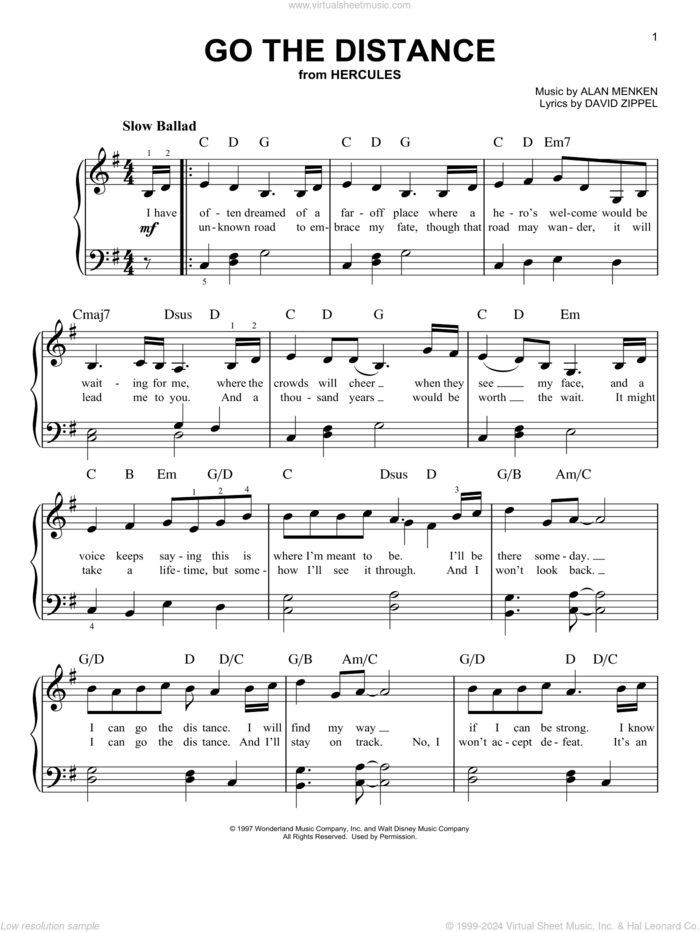 Go The Distance (from Hercules), (beginner) (from Hercules) sheet music for piano solo by Michael Bolton, Alan Menken and David Zippel, beginner skill level