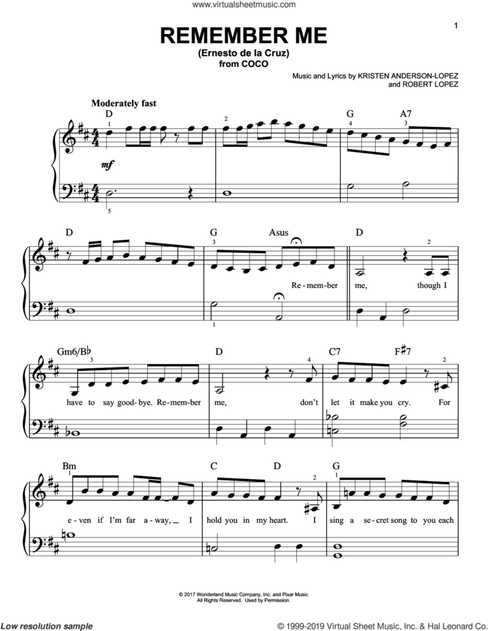Subrayar enchufe Escalera Remember Me (Ernesto de la Cruz) (from Coco), (beginner) sheet music for  piano solo