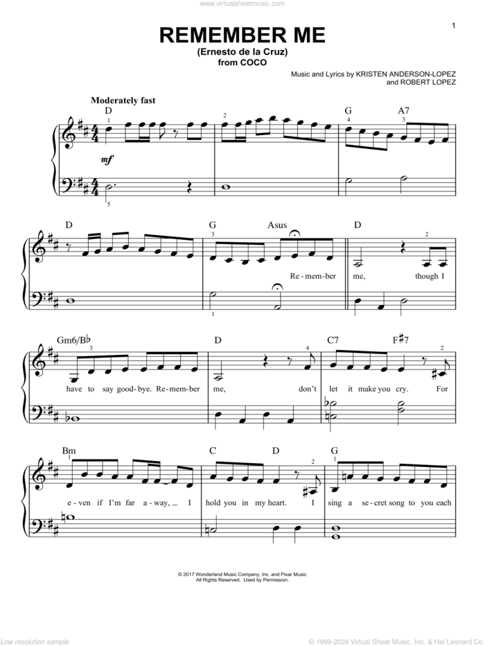 Remember Me (Ernesto de la Cruz) (from Coco), (beginner) sheet music for piano solo by Kristen Anderson-Lopez & Robert Lopez, Kristen Anderson-Lopez and Robert Lopez, beginner skill level