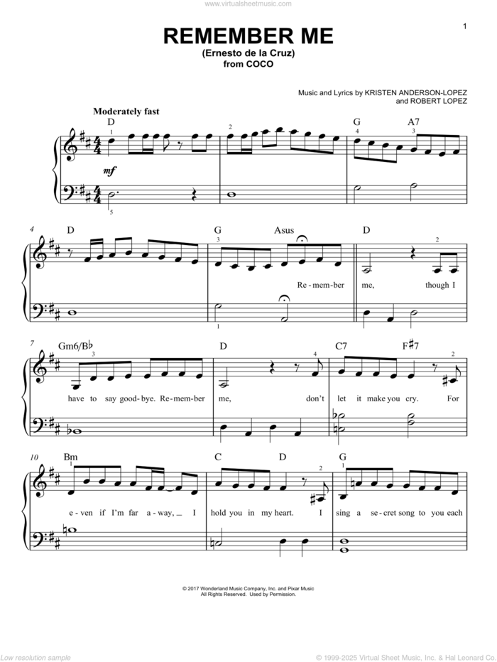 Remember Me (Ernesto de la Cruz) (from Coco), (beginner) sheet music for piano solo by Kristen Anderson-Lopez & Robert Lopez, Kristen Anderson-Lopez and Robert Lopez, beginner skill level