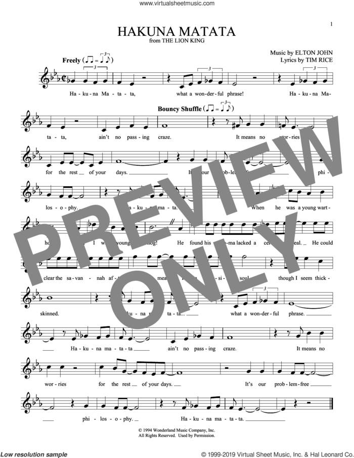 Hakuna Matata (from The Lion King) sheet music for ocarina solo by Elton John and Tim Rice, intermediate skill level
