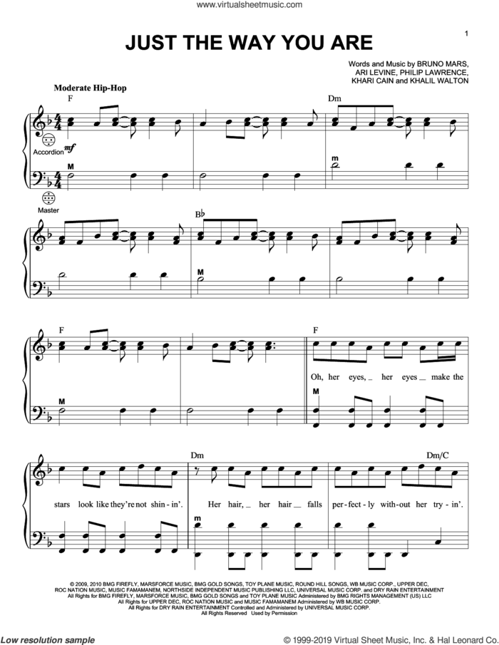 Just The Way You Are sheet music for accordion by Bruno Mars, Ari Levine, Khalil Walton, Khari Cain and Philip Lawrence, wedding score, intermediate skill level