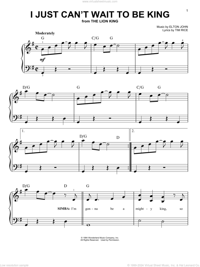 I Just Can't Wait To Be King (from The Lion King) sheet music for piano solo by Elton John and Tim Rice, beginner skill level