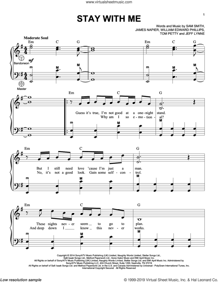 Stay With Me sheet music for accordion by Sam Smith, Gary Meisner, James Napier, Jeff Lynne, Tom Petty and William Edward Phillips, intermediate skill level