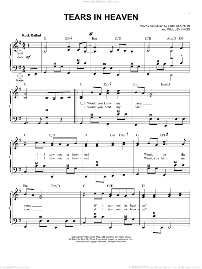 Tears In Heaven sheet music (real book with lyrics) (PDF)