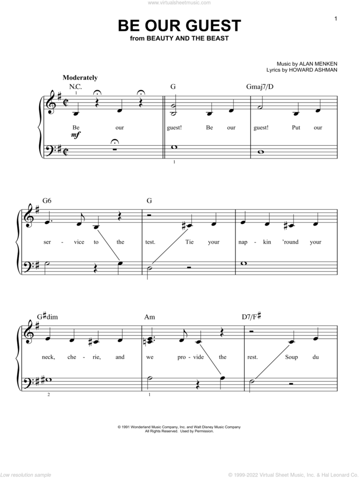 Be Our Guest (from Beauty And The Beast) sheet music for piano solo by Alan Menken, Alan Menken & Howard Ashman and Howard Ashman, beginner skill level