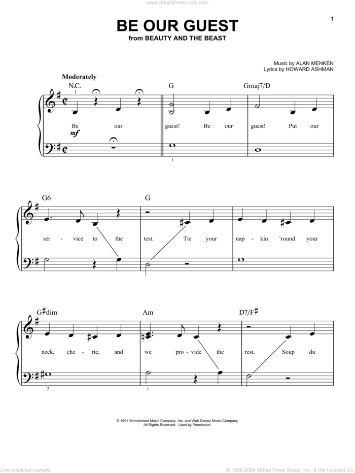 Be Our Guest (from Beauty And The Beast) sheet music for piano solo by Alan Menken, Alan Menken & Howard Ashman and Howard Ashman, beginner skill level