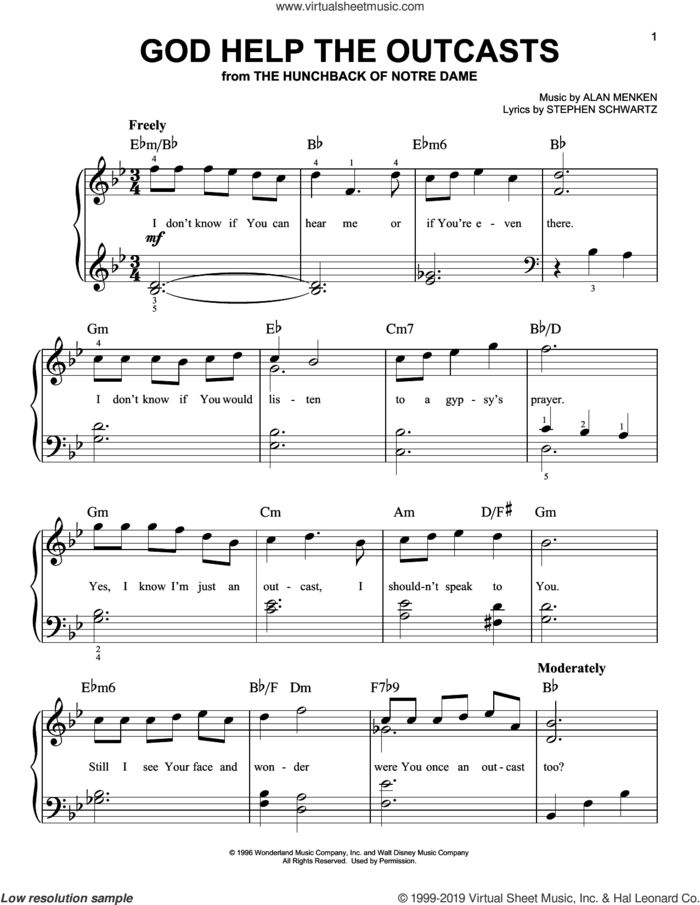God Help The Outcasts (from The Hunchback Of Notre Dame) sheet music for piano solo by Alan Menken and Stephen Schwartz, beginner skill level