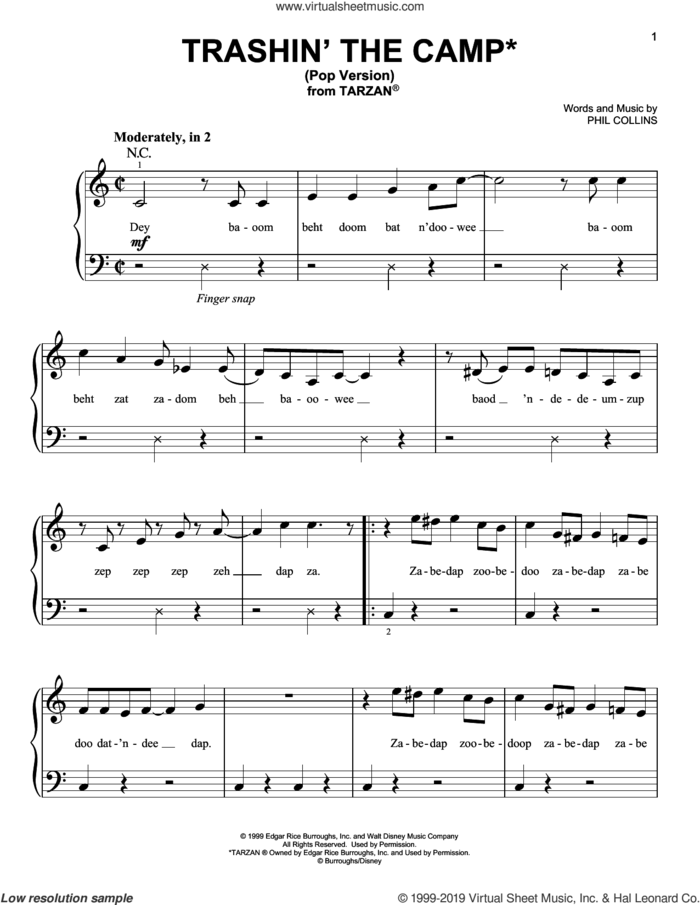 Trashin' The Camp (Pop Version) (from Tarzan) sheet music for piano solo by Phil Collins, beginner skill level