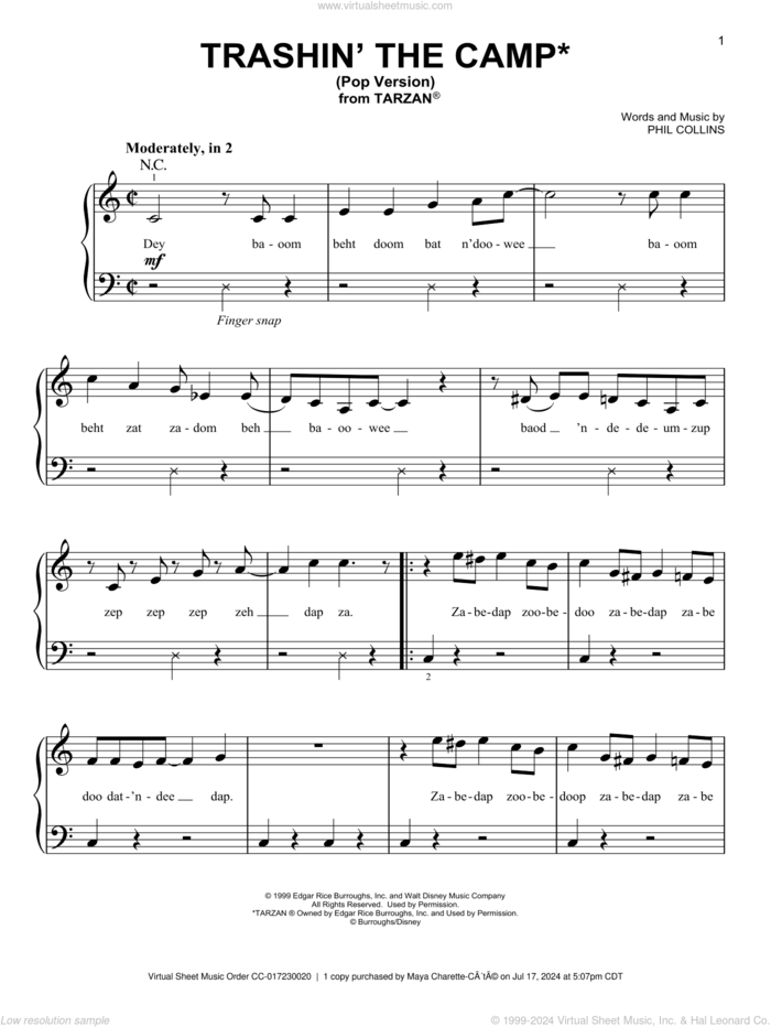 Trashin' The Camp (Pop Version) (from Tarzan) sheet music for piano solo by Phil Collins, beginner skill level