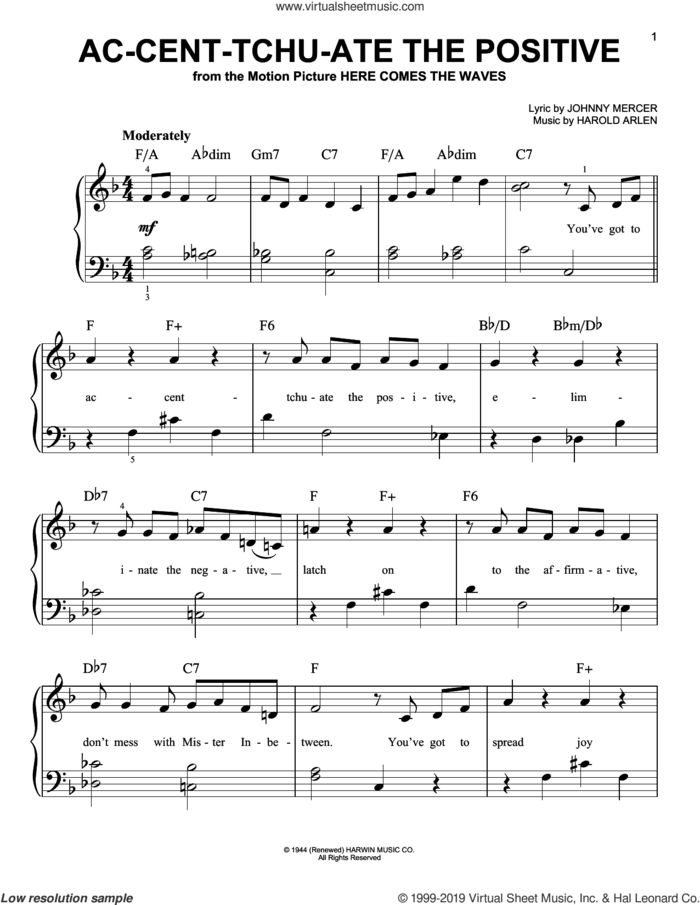 Ac-cent-tchu-ate The Positive sheet music for piano solo by Harold Arlen and Johnny Mercer, easy skill level