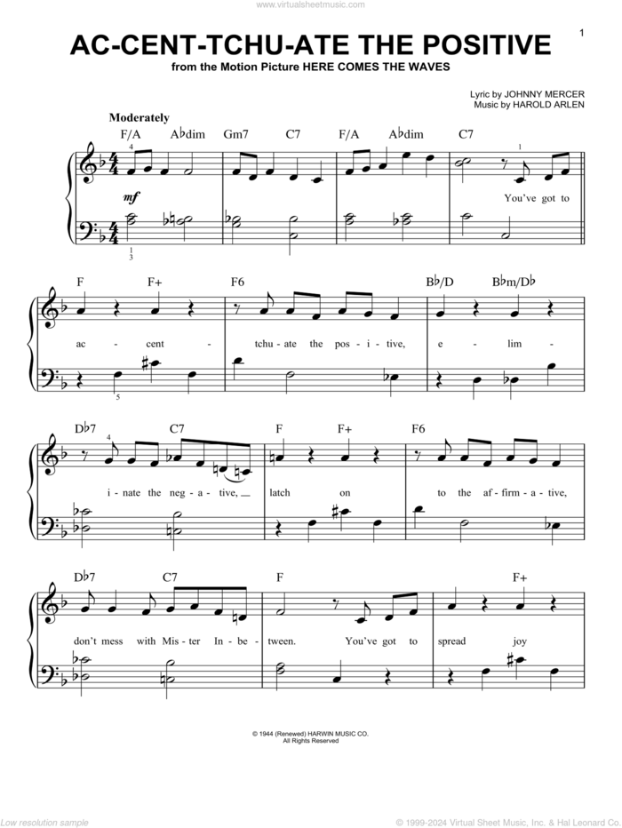 Ac-cent-tchu-ate The Positive sheet music for piano solo by Harold Arlen and Johnny Mercer, easy skill level