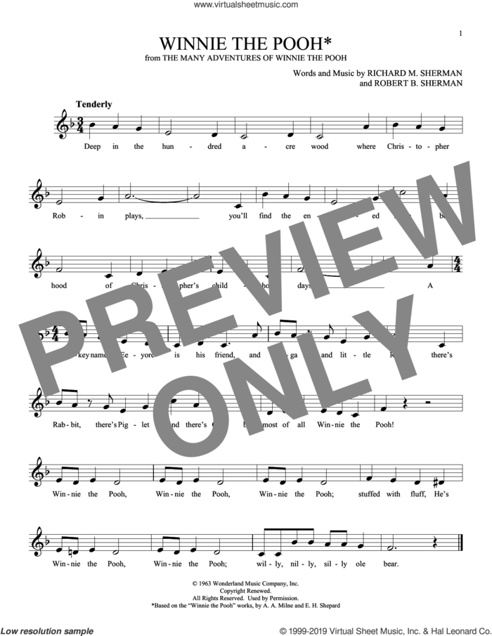 Winnie The Pooh (from The Many Adventures Of Winnie The Pooh) sheet music for ocarina solo by Sherman Brothers, Richard M. Sherman and Robert B. Sherman, intermediate skill level