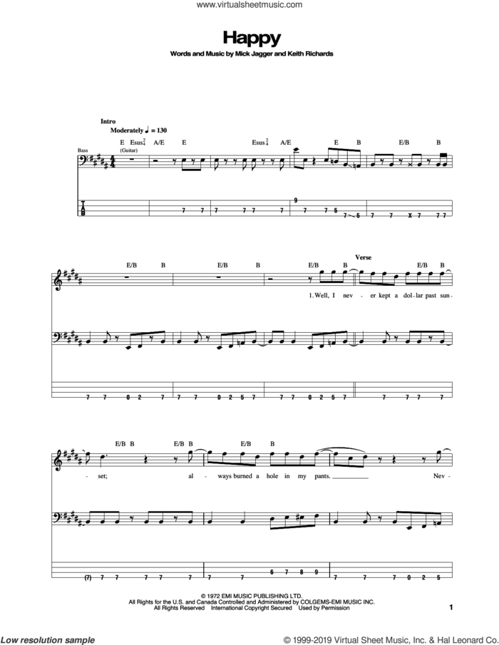 Happy sheet music for bass (tablature) (bass guitar) by The Rolling Stones, Keith Richards and Mick Jagger, intermediate skill level