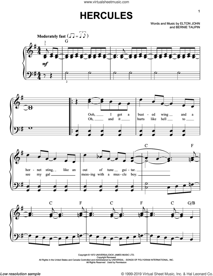 Hercules (from Rocketman) sheet music for piano solo by Taron Egerton, Bernie Taupin and Elton John, easy skill level