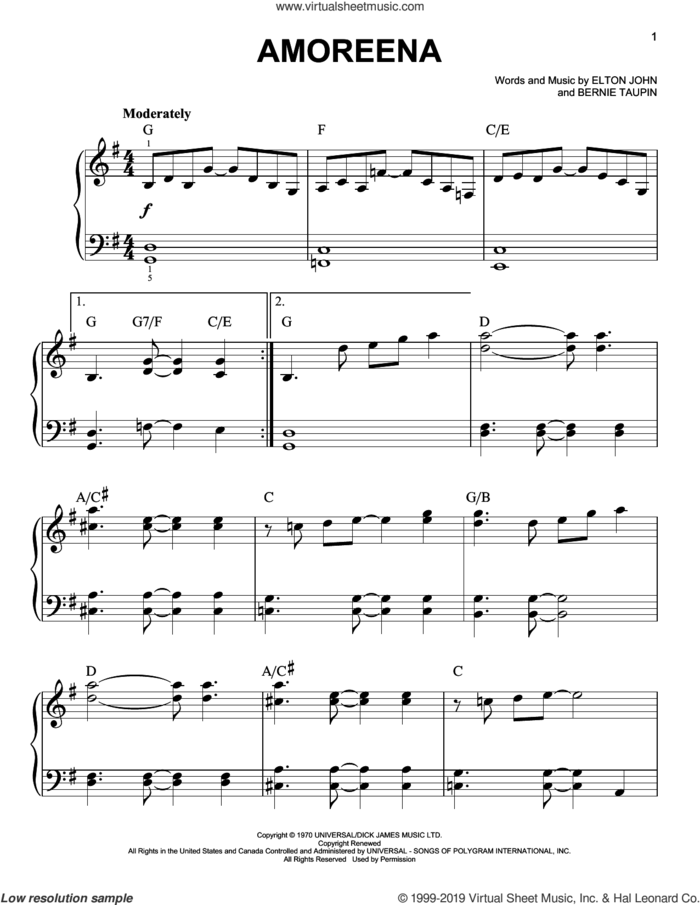 Amoreena (from Rocketman) sheet music for piano solo by Taron Egerton, Bernie Taupin and Elton John, easy skill level