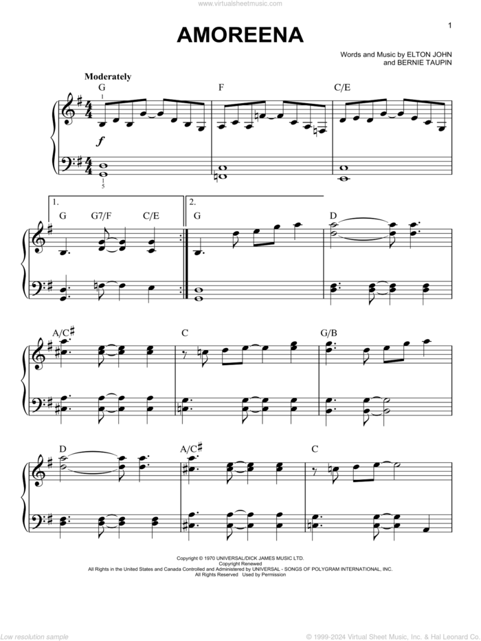 Amoreena (from Rocketman) sheet music for piano solo by Taron Egerton, Bernie Taupin and Elton John, easy skill level