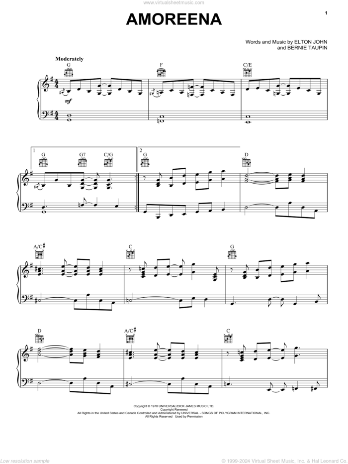 Amoreena (from Rocketman) sheet music for voice, piano or guitar by Taron Egerton, Bernie Taupin and Elton John, intermediate skill level
