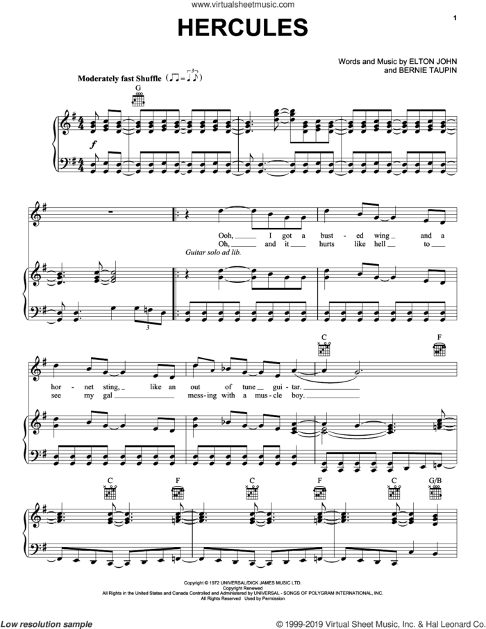 Hercules (from Rocketman) sheet music for voice, piano or guitar by Taron Egerton, Bernie Taupin and Elton John, intermediate skill level