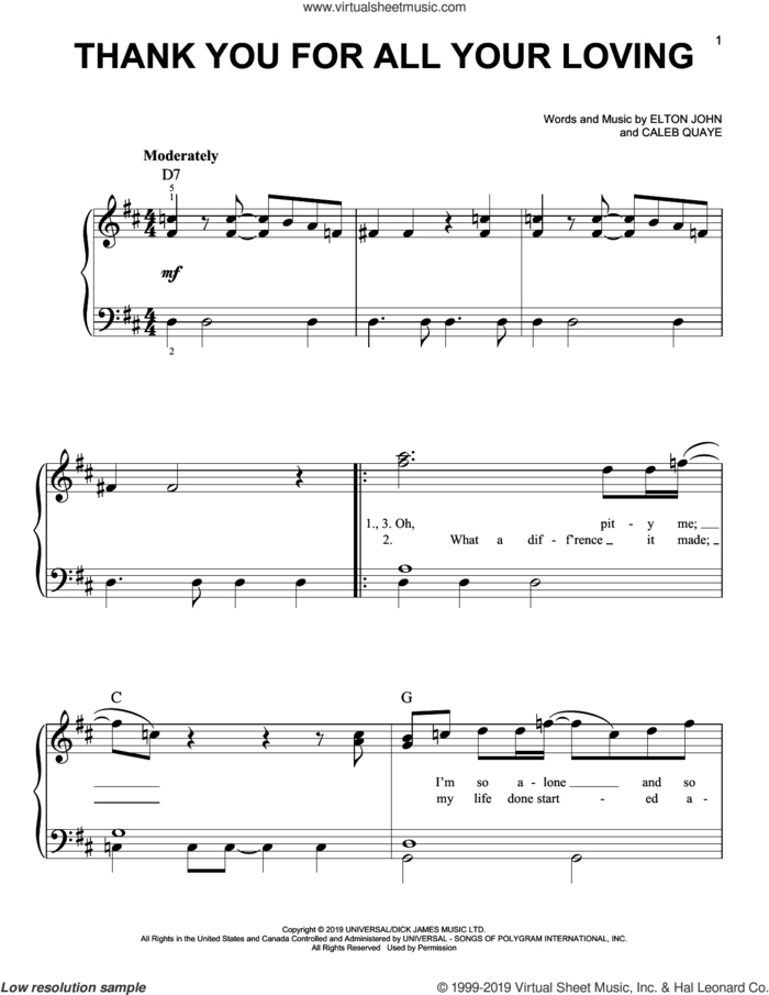 Thank You For All Your Loving (from Rocketman) sheet music for piano solo by Taron Egerton, Caleb Quaye and Elton John, easy skill level
