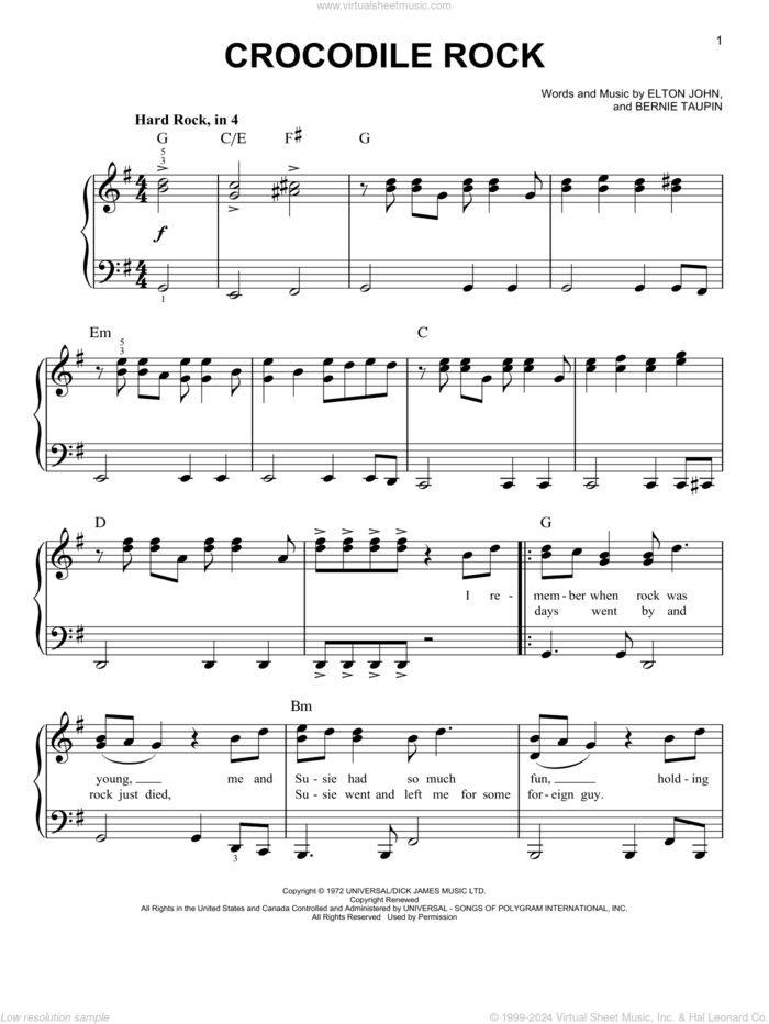 Crocodile Rock (from Rocketman) sheet music for piano solo by Taron Egerton, Bernie Taupin and Elton John, easy skill level