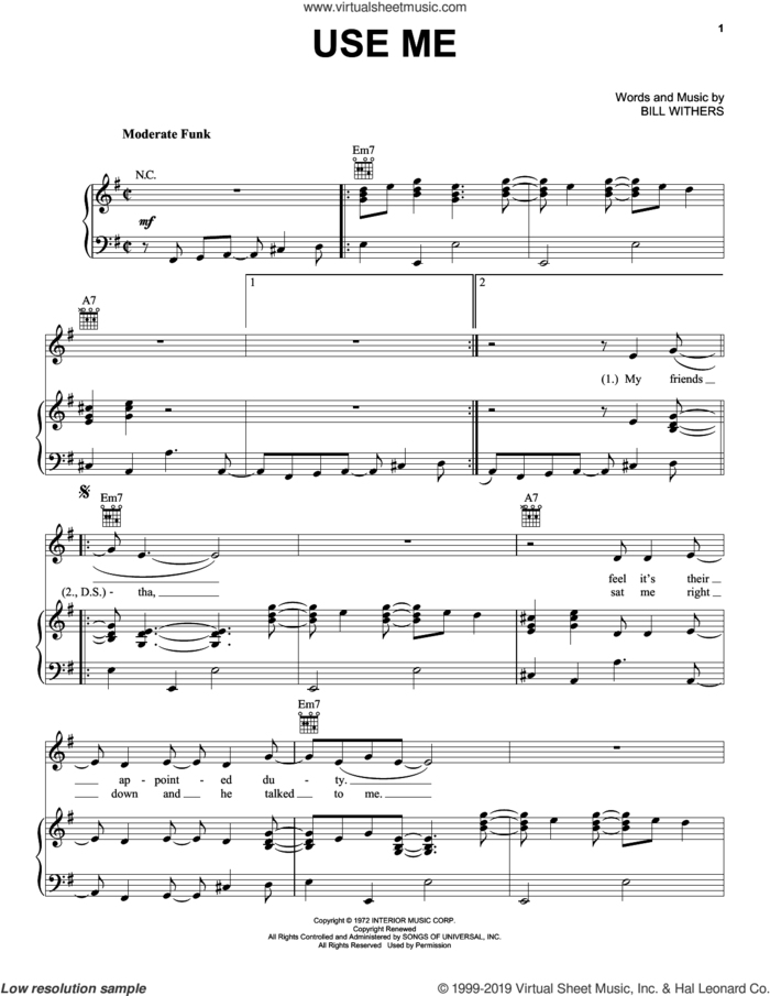 Use Me sheet music for voice, piano or guitar by Hootie & The Blowfish and Bill Withers, intermediate skill level