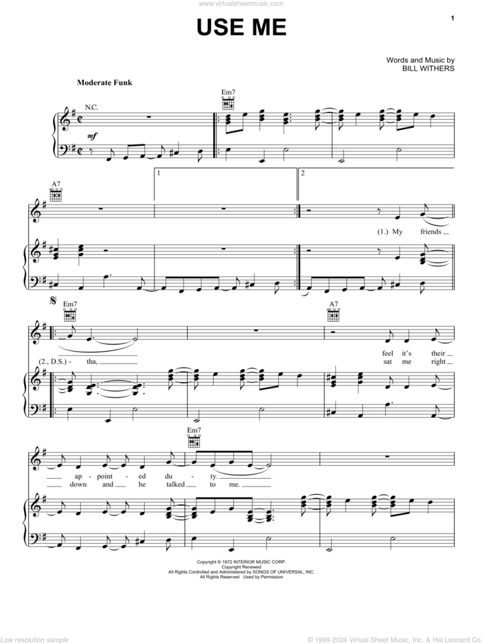 Use Me sheet music for voice, piano or guitar by Hootie & The Blowfish and Bill Withers, intermediate skill level