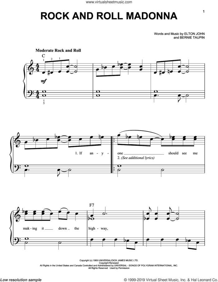 Rock And Roll Madonna (from Rocketman) sheet music for piano solo by Taron Egerton, Bernie Taupin and Elton John, easy skill level