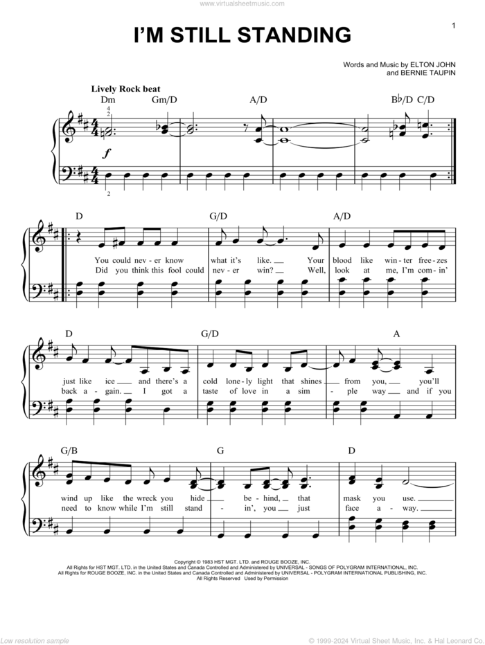 I'm Still Standing (from Rocketman) sheet music for piano solo by Taron Egerton, Bernie Taupin and Elton John, easy skill level