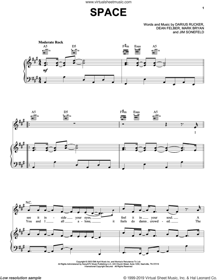 Space sheet music for voice, piano or guitar by Hootie & The Blowfish, Darius Rucker, Dean Felber, Jim Sonefeld and Mark Bryan, intermediate skill level