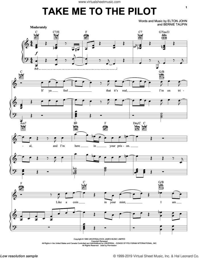 Take Me To The Pilot (from Rocketman) sheet music for voice, piano or guitar by Taron Egerton, Bernie Taupin and Elton John, intermediate skill level