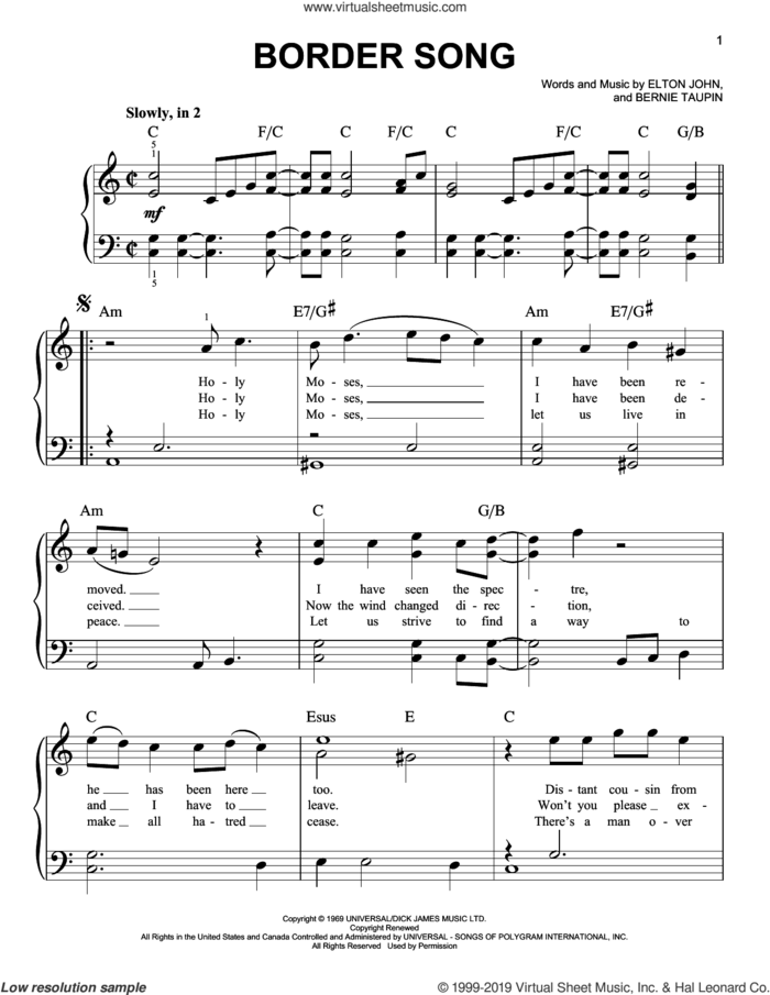 Border Song (from Rocketman) sheet music for piano solo by Taron Egerton, Bernie Taupin and Elton John, easy skill level