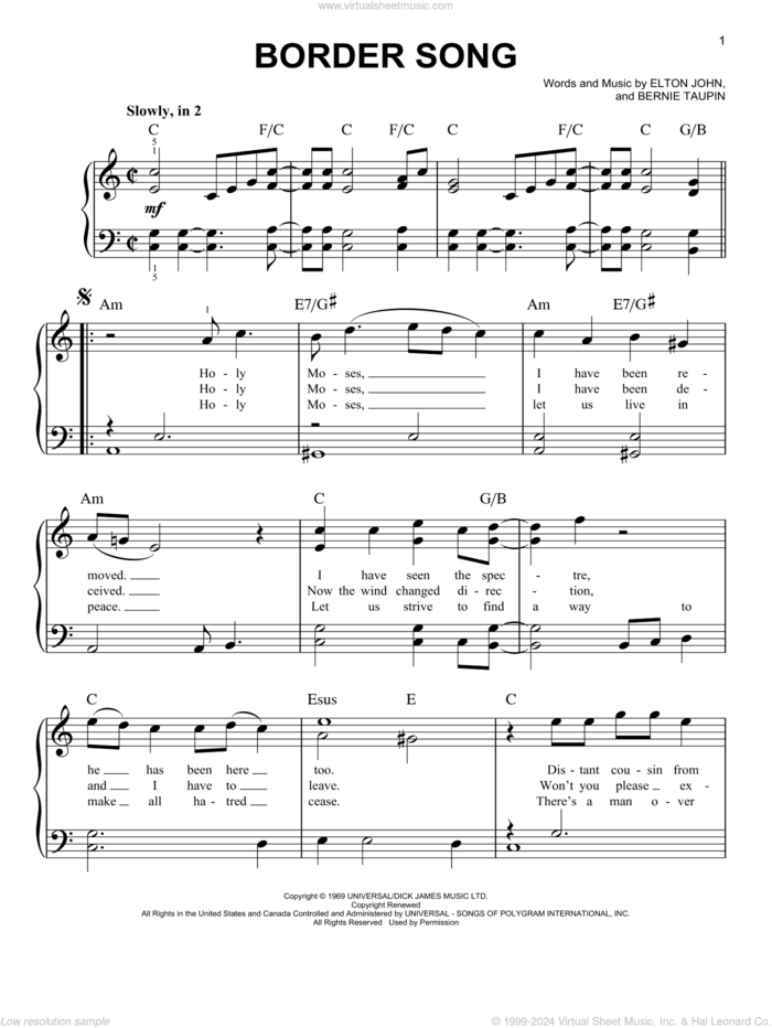 Border Song (from Rocketman) sheet music for piano solo by Taron Egerton, Bernie Taupin and Elton John, easy skill level