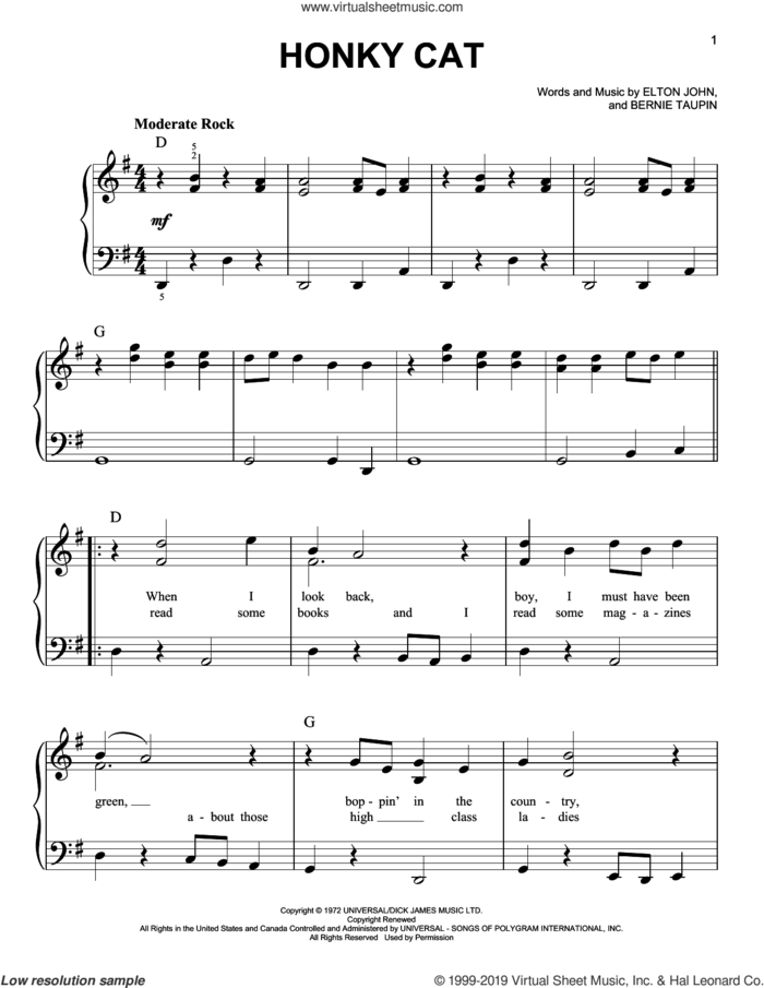 Honky Cat (from Rocketman) sheet music for piano solo by Taron Egerton & Richard Madden, Richard Madden, Taron Egerton, Bernie Taupin and Elton John, easy skill level