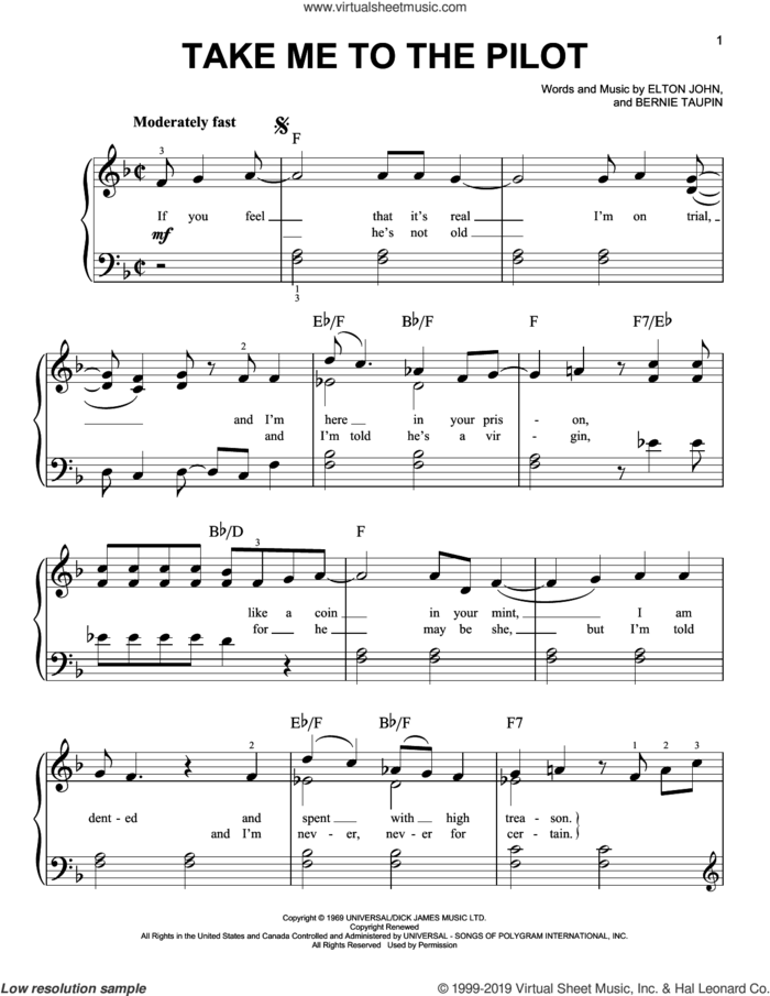 Take Me To The Pilot (from Rocketman) sheet music for piano solo by Taron Egerton, Bernie Taupin and Elton John, easy skill level