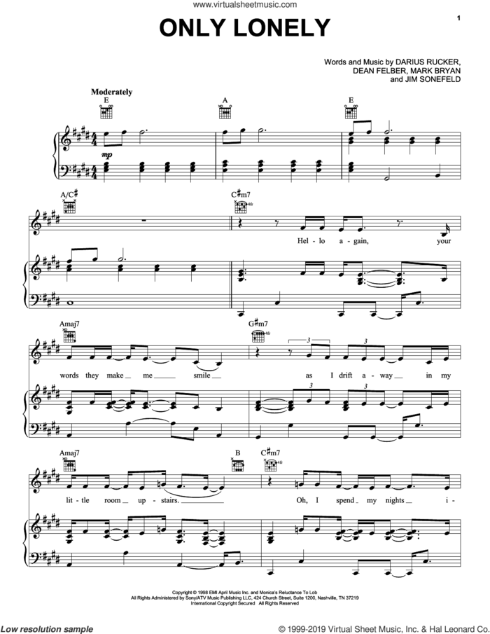 Only Lonely sheet music for voice, piano or guitar by Hootie & The Blowfish, Darius Rucker, Dean Felber, Jim Sonefeld and Mark Bryan, intermediate skill level