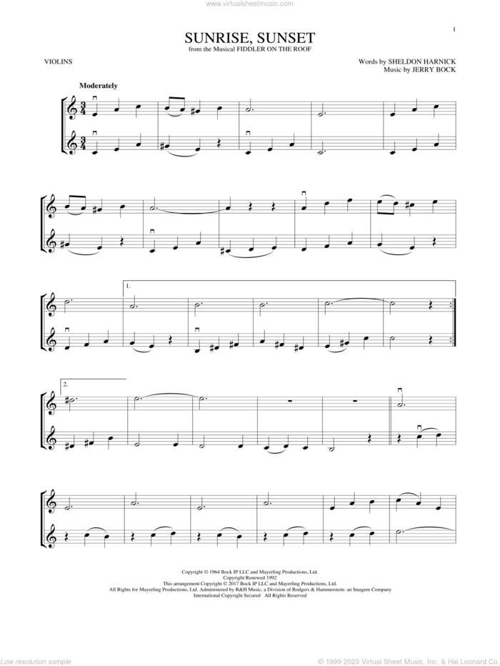 Sunrise, Sunset (from Fiddler On The Roof) sheet music for two violins (duets, violin duets) by Jerry Bock and Sheldon Harnick, intermediate skill level