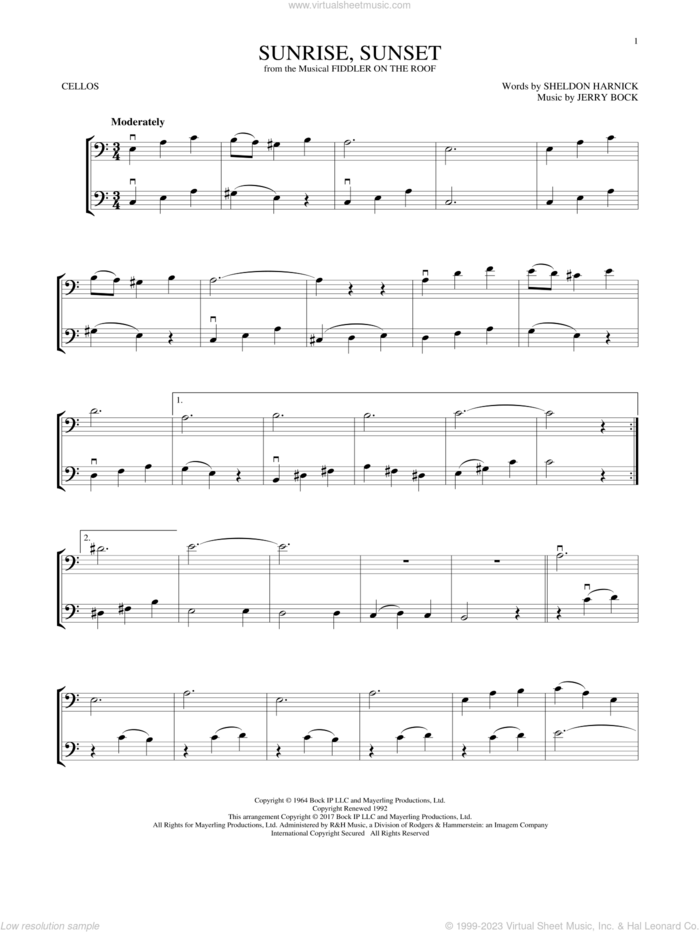 Sunrise, Sunset (from Fiddler On The Roof) sheet music for two cellos (duet, duets) by Jerry Bock and Sheldon Harnick, wedding score, intermediate skill level