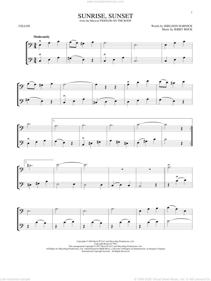 Sunrise, Sunset (from Fiddler On The Roof) sheet music for two cellos (duet, duets) by Jerry Bock and Sheldon Harnick, wedding score, intermediate skill level