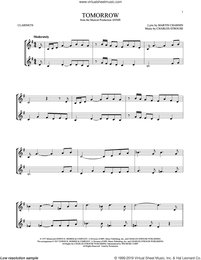 Tomorrow (from Annie) sheet music for two clarinets (duets) by Charles Strouse and Martin Charnin, intermediate skill level