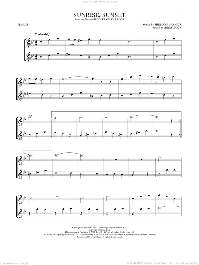 Sunrise, Sunset (from Fiddler On The Roof) sheet music for two flutes (duets) by Jerry Bock and Sheldon Harnick, wedding score, intermediate skill level