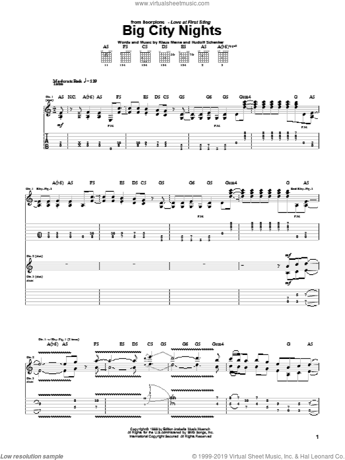 Big City Nights sheet music for guitar (tablature) by Scorpions, Klaus Meine and Rudolf Schenker, intermediate skill level