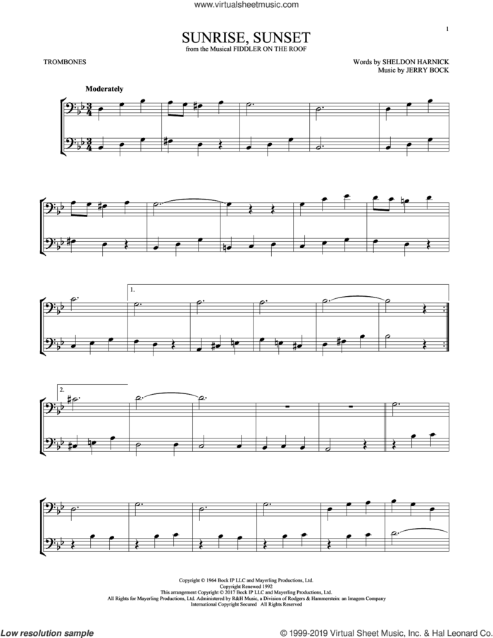 Sunrise, Sunset (from Fiddler On The Roof) sheet music for two trombones (duet, duets) by Jerry Bock and Sheldon Harnick, intermediate skill level