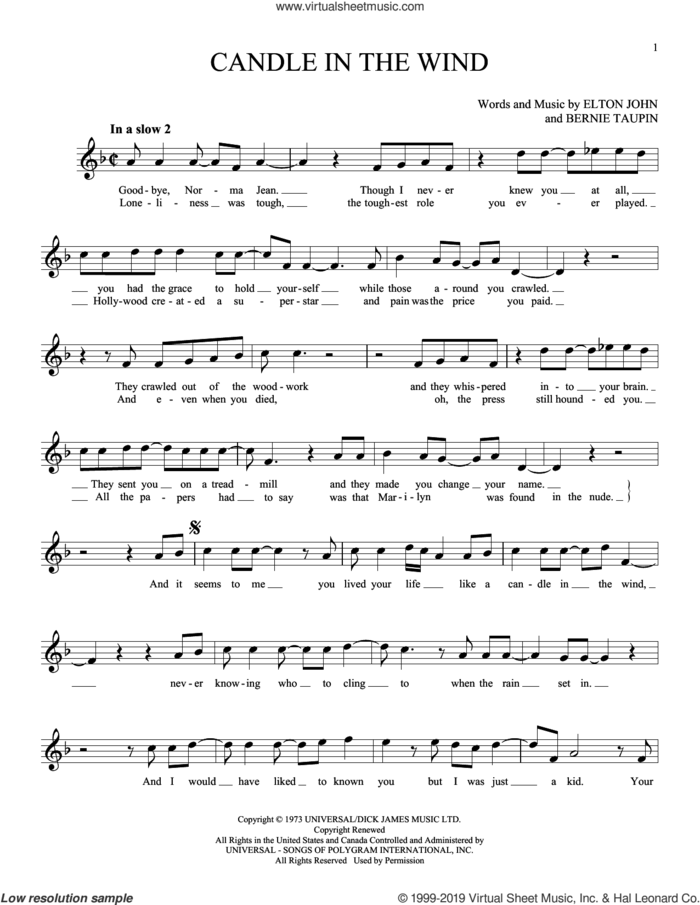 Candle In The Wind sheet music for ocarina solo by Elton John and Bernie Taupin, intermediate skill level