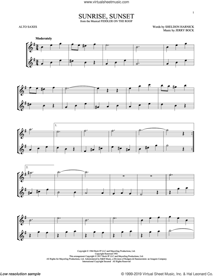 Sunrise, Sunset (from Fiddler On The Roof) sheet music for two alto saxophones (duets) by Jerry Bock and Sheldon Harnick, wedding score, intermediate skill level