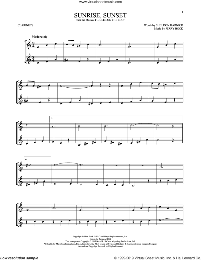 Sunrise, Sunset (from Fiddler On The Roof) sheet music for two clarinets (duets) by Jerry Bock and Sheldon Harnick, intermediate skill level
