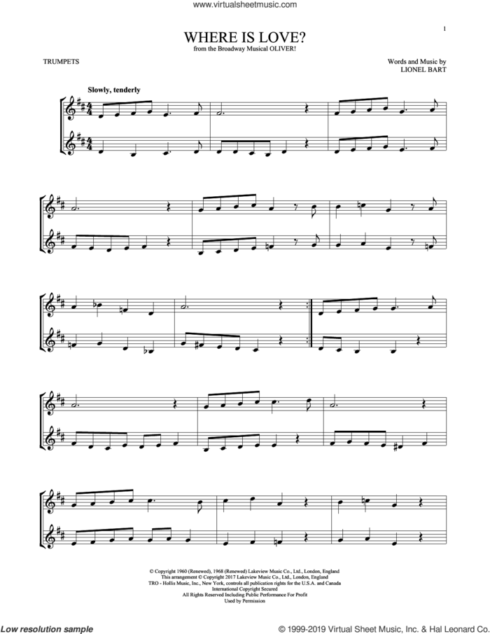 Where Is Love? (from Oliver) sheet music for two trumpets (duet, duets) by Lionel Bart, intermediate skill level