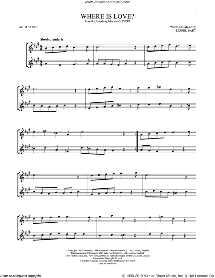Where Is Love? (from Oliver) sheet music for two alto saxophones (duets) by Lionel Bart, intermediate skill level